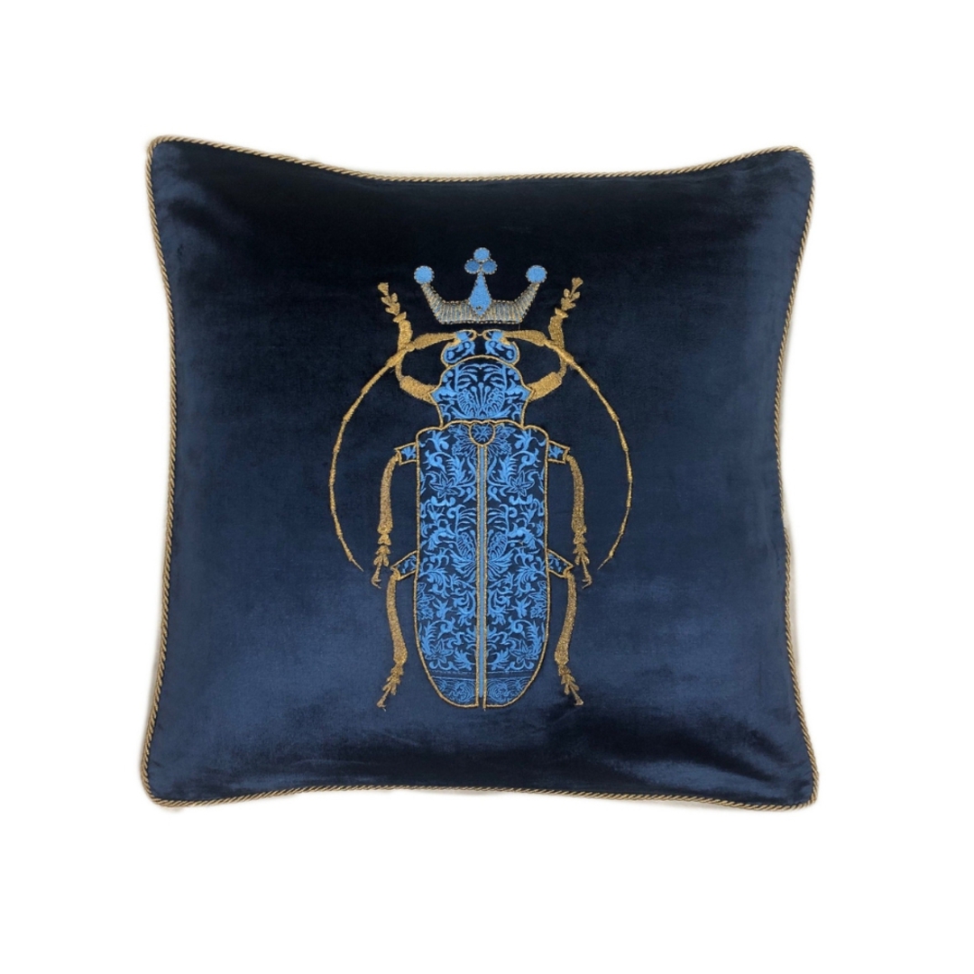Sanctuary Cushion Cover - Hand Embroidered Velvet Blue Beetle image 0